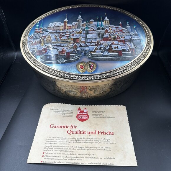 Vtg Christmas Village Cookie Tin Box Schmidt Kaiserburg Large Oval Germany - Picture 1 of 16